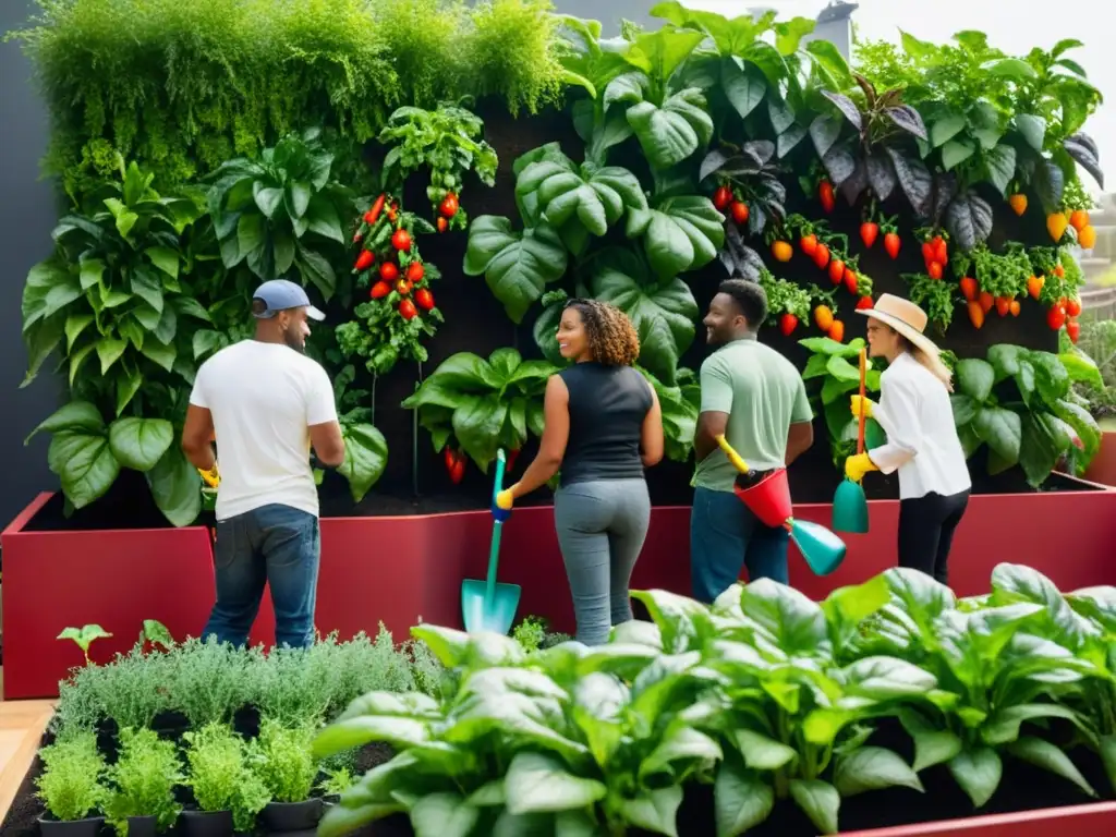 Un grupo de personas se prepara para aprender sobre huertos verticales, rodeados de vegetación exuberante y arquitectura urbana moderna