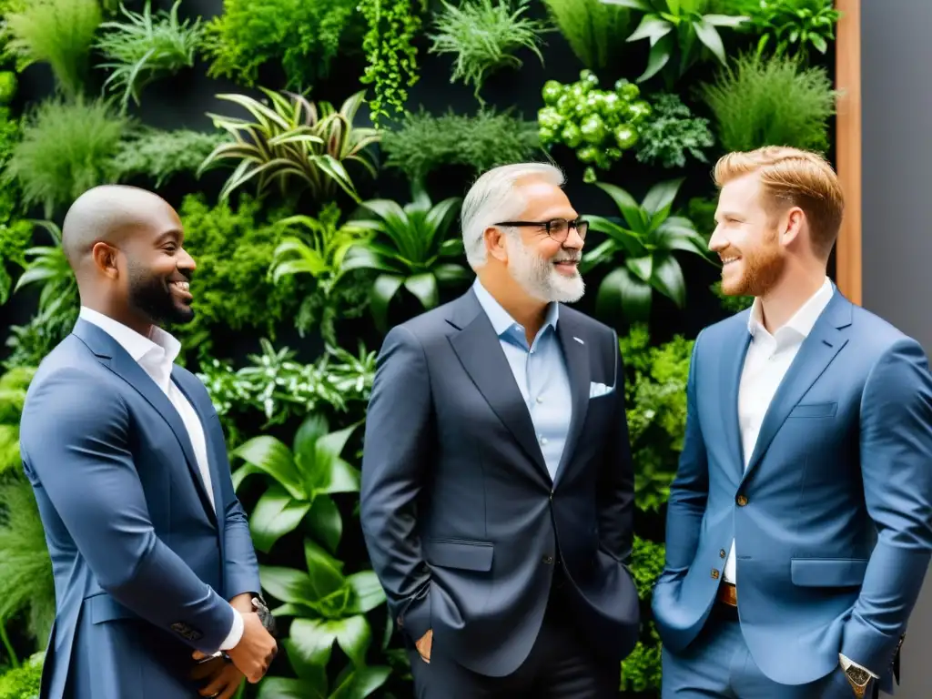 Un grupo de profesionales en trajes de negocios conversando frente a un moderno huerto vertical