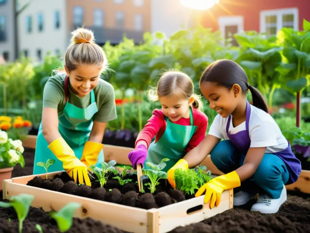 Un grupo de niños planta en un jardín urbano, rodeados de vegetales y flores