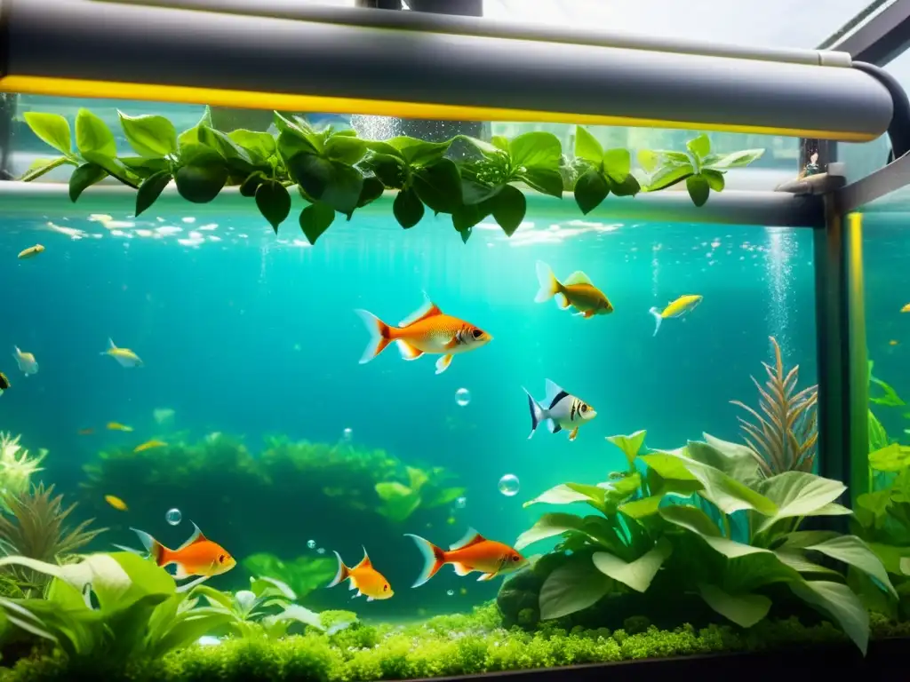 Un grupo vibrante de peces nada entre plantas exuberantes en un sistema acuapónico, iluminado por el sol