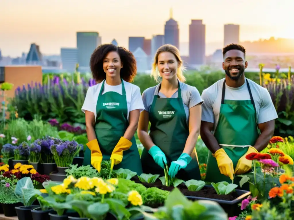 Grupo de voluntarios en jardín urbano, cuidando plantas al atardecer