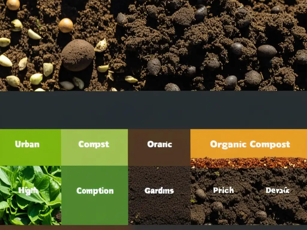 Una guía visual paso a paso del proceso de compostaje urbano, desde la recolección de residuos orgánicos hasta el compostaje final enriquecido y oscuro listo para usar en jardines urbanos