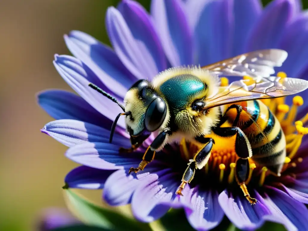 Una hermosa abeja cubierta de polen revolotea sobre una vibrante flor morada, en un jardín exuberante