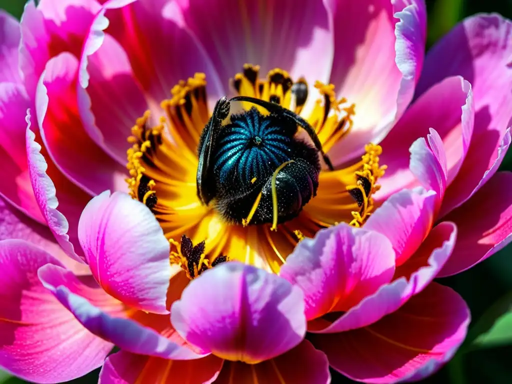 Una hermosa peonía rosa con abeja y detalles de polinización en entorno natural