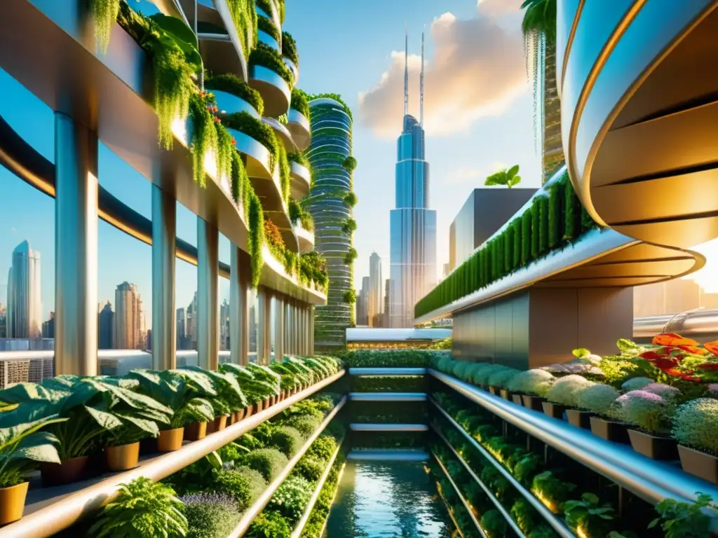 Hermosa ciudad futurista con huertos verticales y sistemas acuaponía, armonizando naturaleza y desarrollo urbano al atardecer