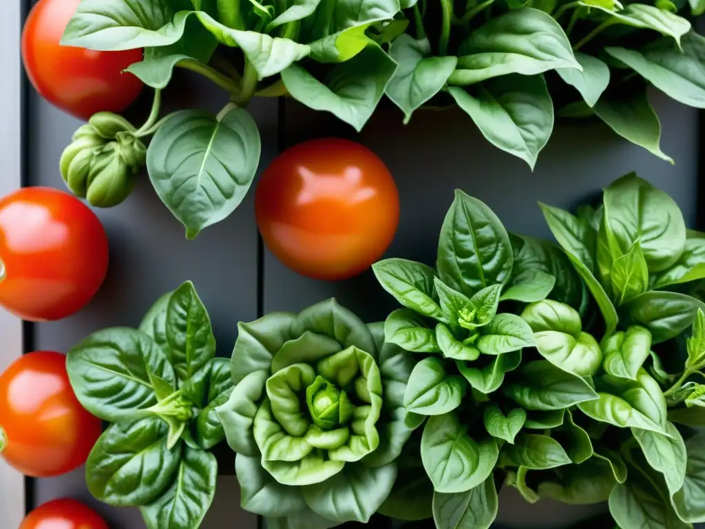 Una hermosa composición de verduras frescas en un huerto vertical, ideal para recetas rollitos primavera