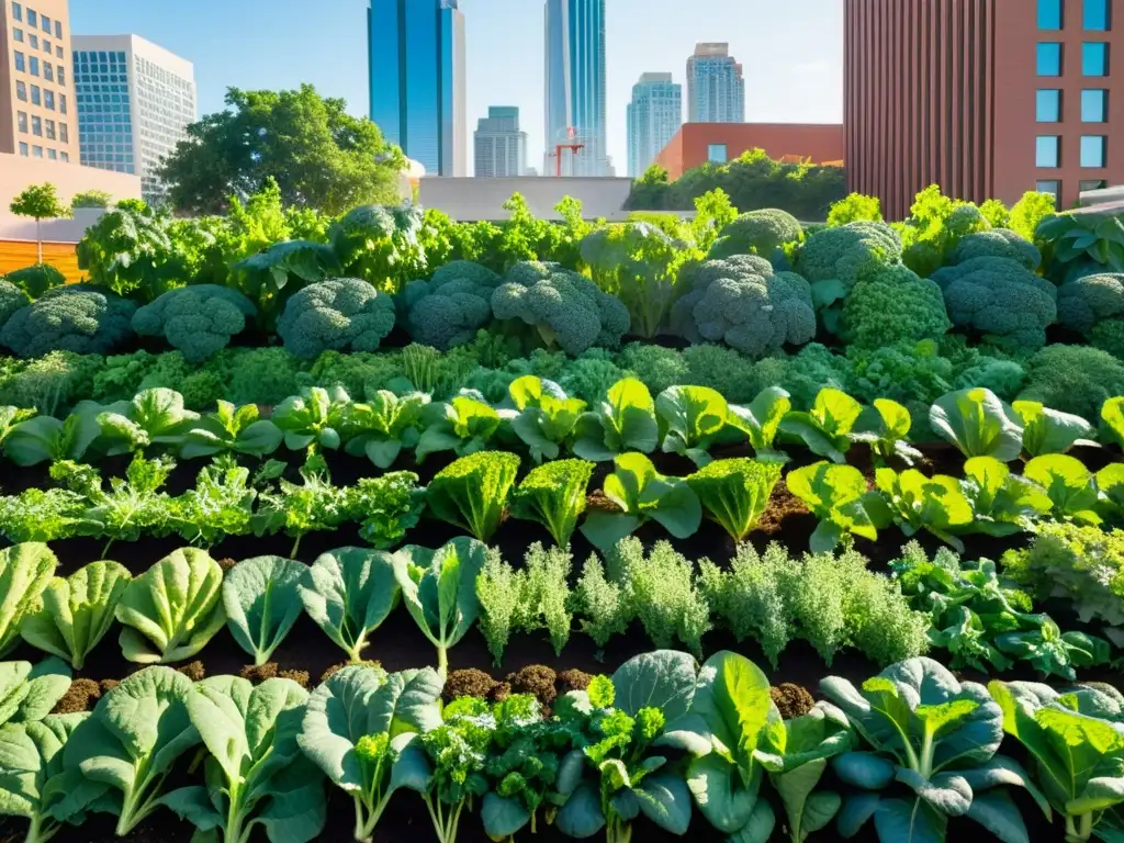 Una hermosa fotografía 8K detallada muestra un vibrante jardín comunitario urbano con cultivos verticales