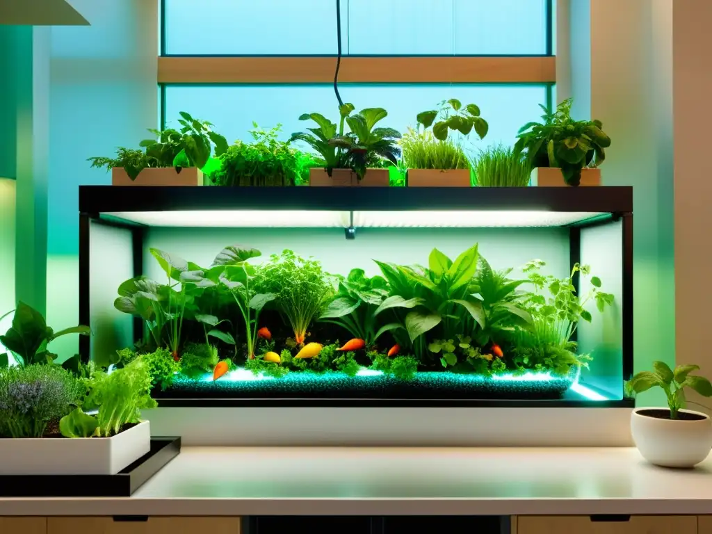 Jardín acuapónico de lujo: fusión orgánica y moderna Una hermosa acuaponía orgánica en casa, integrando naturaleza y tecnología en un oasis sostenible
