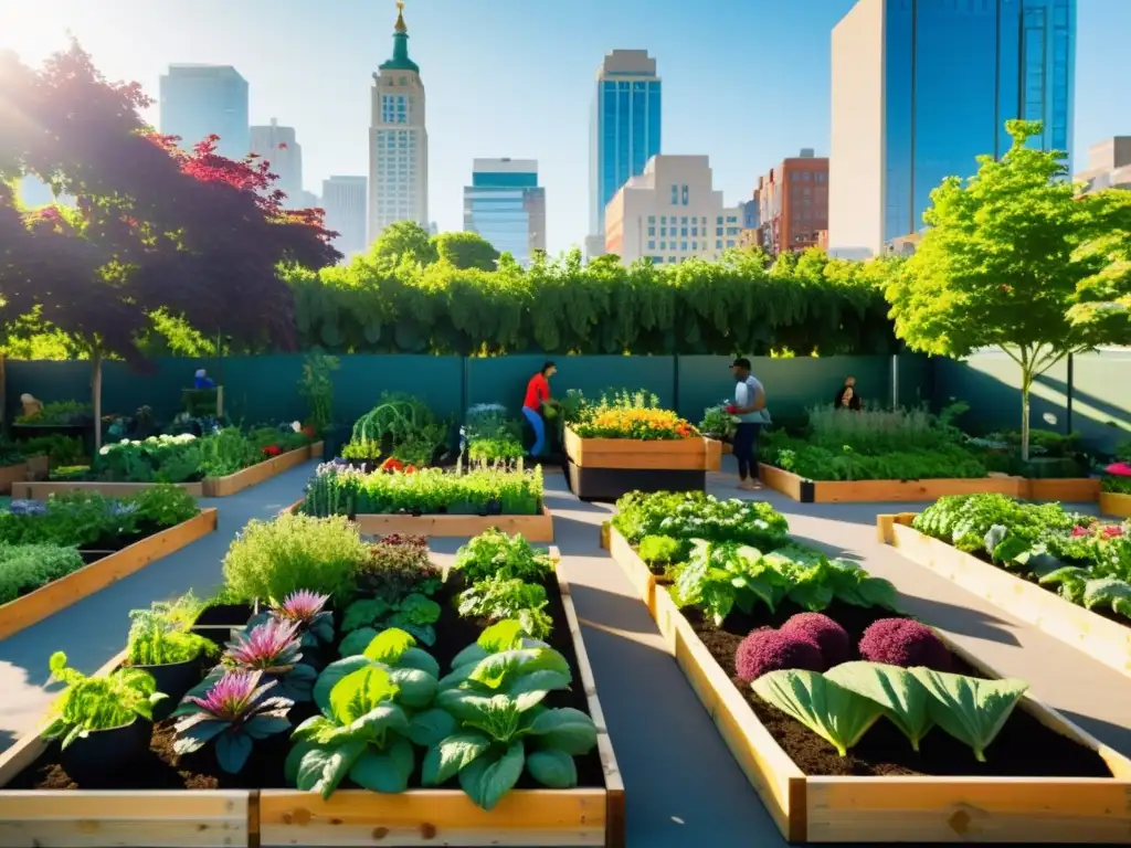 Una hermosa y vibrante agricultura urbana desarrollo comunitario en un jardín de la ciudad, con gente cuidando plantas entre edificios modernos