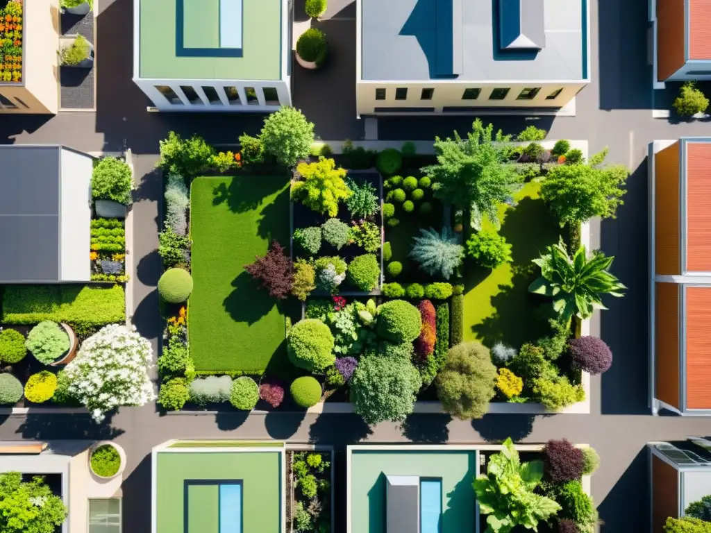 Hermosa vista aérea de huertos urbanos en la ciudad, con personas disfrutando de los beneficios de la naturaleza para mitigar la isla de calor