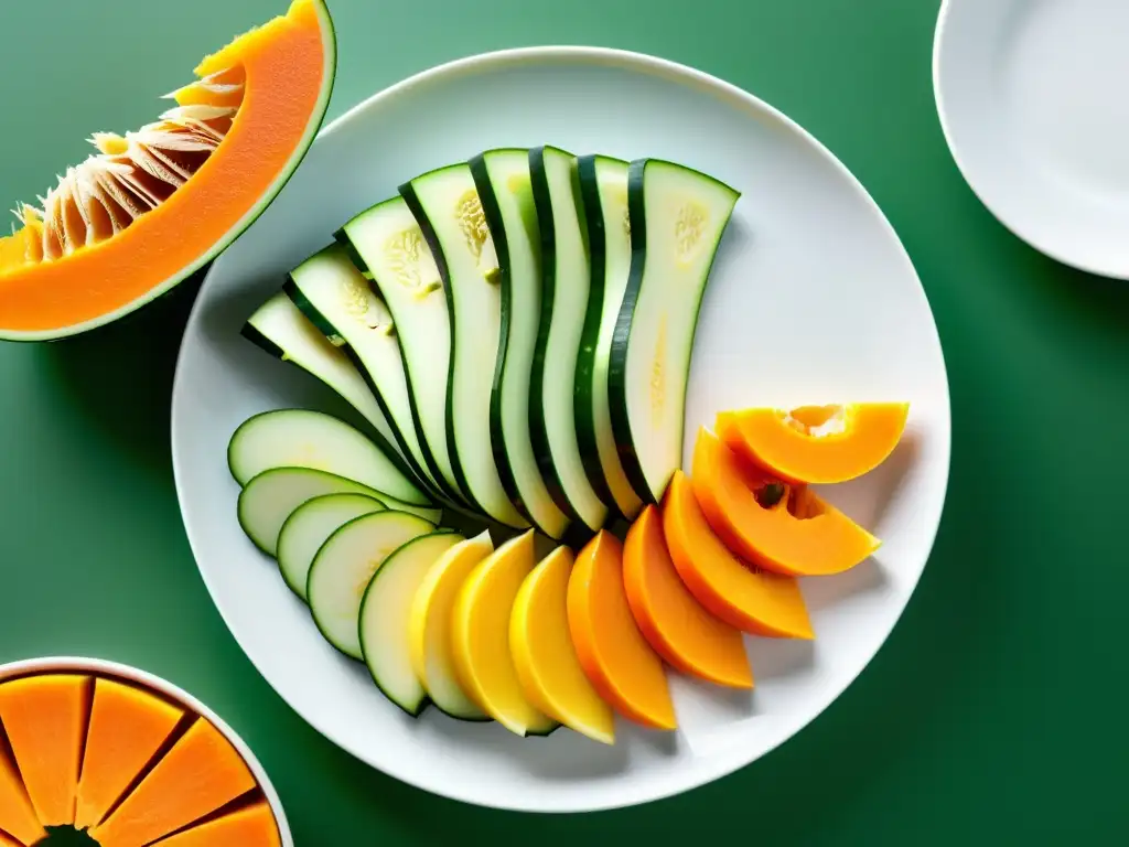 Un hermoso arreglo de calabacines y calabazas en una elegante plato blanco