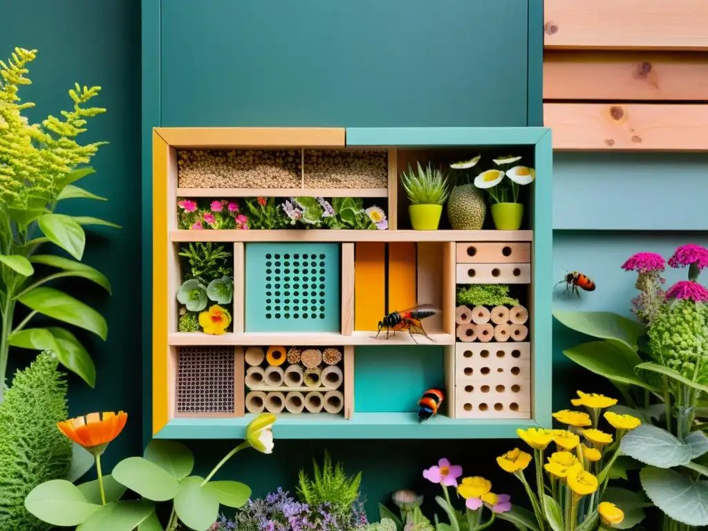 Hermoso hotel de insectos para polinización urbana en un jardín vibrante y colorido, mostrando la armonía entre la vida urbana y la naturaleza