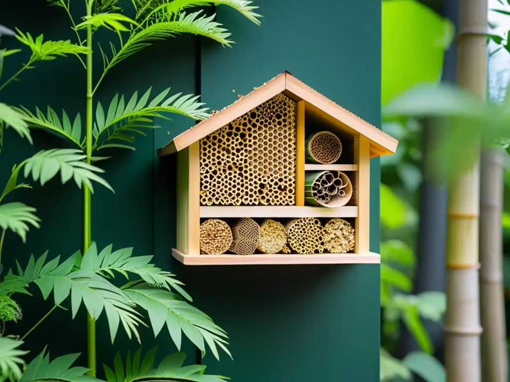 Hermoso hotel de insectos para polinización urbana en un jardín vibrante con texturas ecológicas