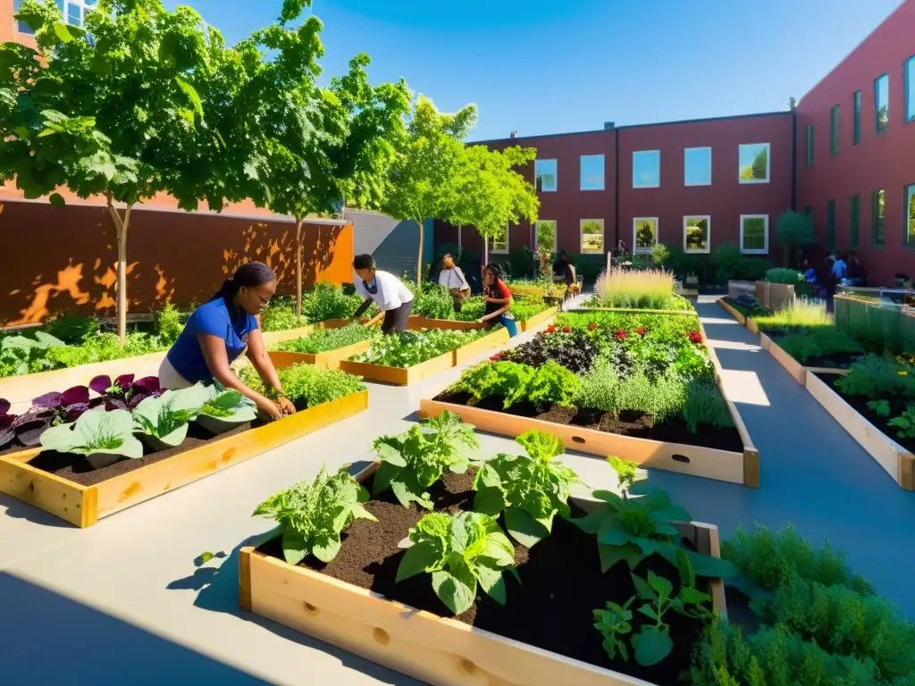 Un hermoso huerto urbano con educadores y estudiantes entusiastas