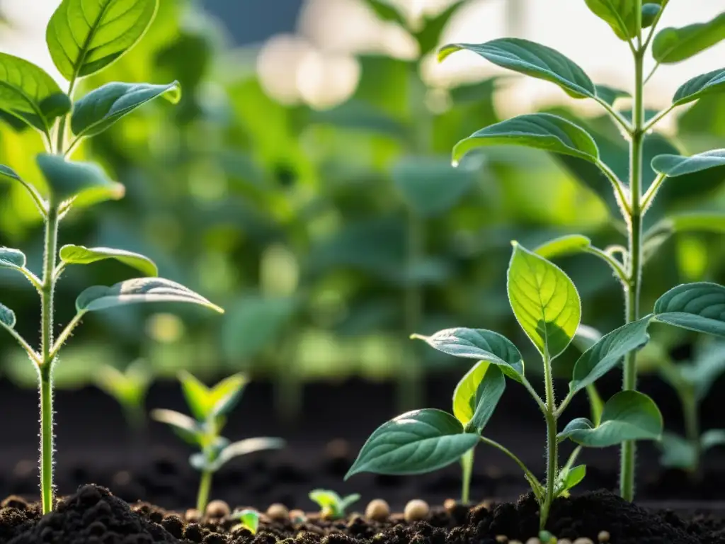 Un hermoso huerto urbano con filas de plantas de soja en diferentes etapas de crecimiento