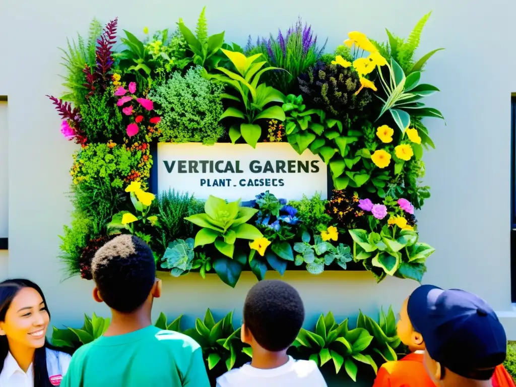 Un hermoso huerto vertical educativo embellece la escuela urbana, donde los estudiantes aprenden sobre huertos verticales en escuelas urbanas