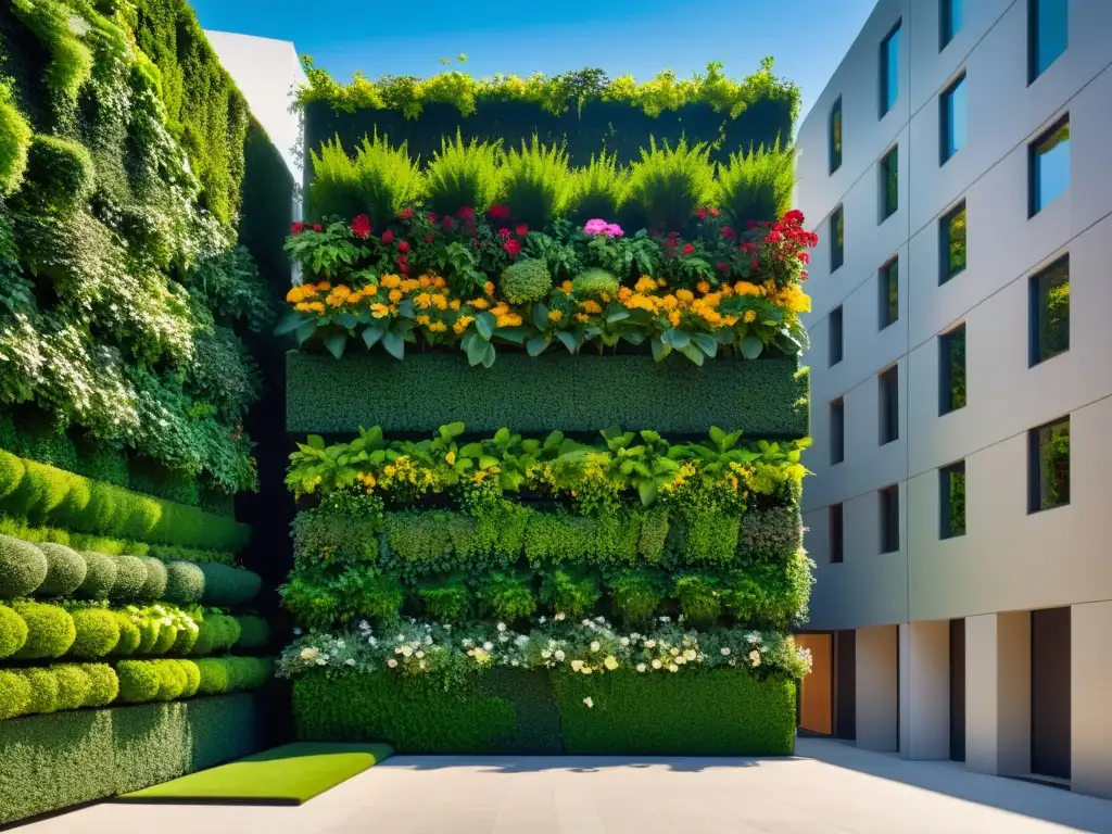 Hermoso huerto vertical urbano con exuberante vegetación en un entorno urbano bullicioso