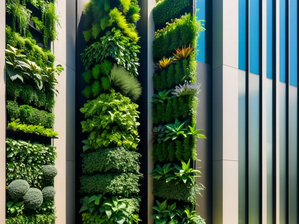 Un hermoso huerto vertical urbano con plantas exuberantes y sistemas de riego, mostrando la armonía del compostaje urbano