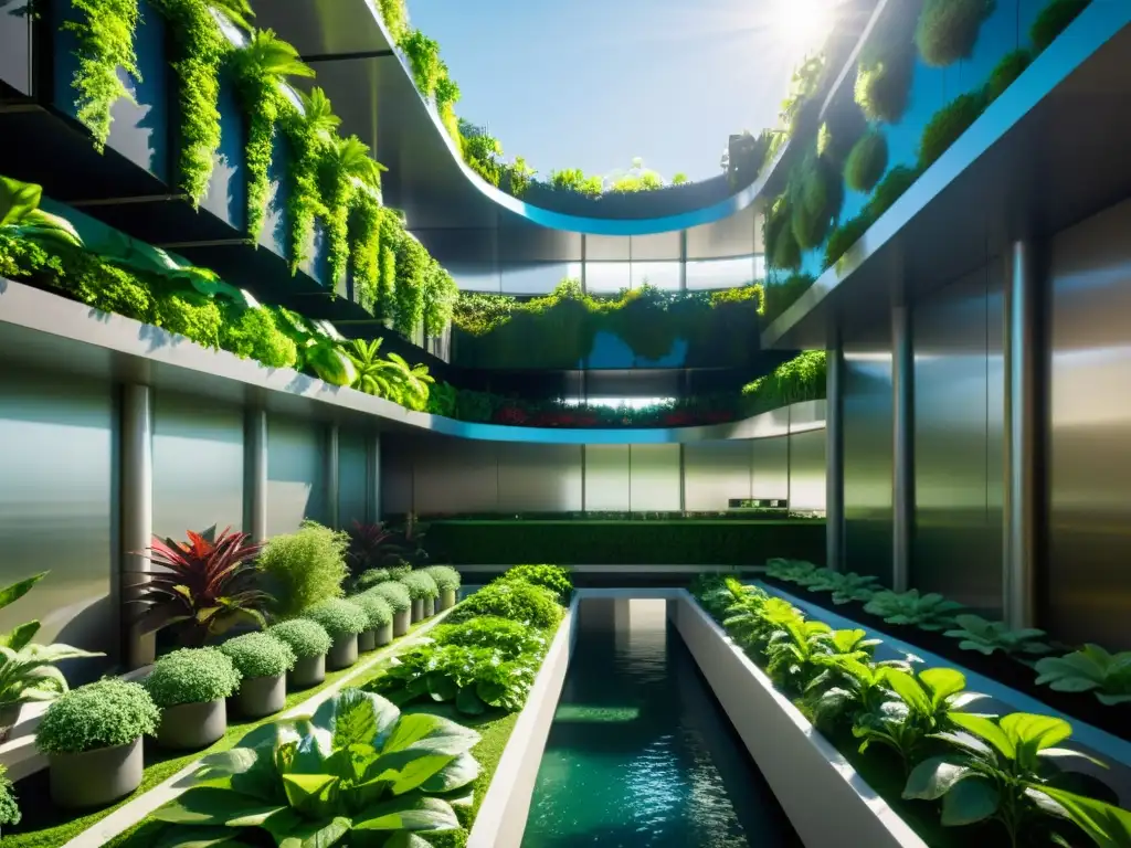 Hermoso paisaje urbano futurista con huertos verticales, sistemas acuaponía y una próspera agricultura urbana