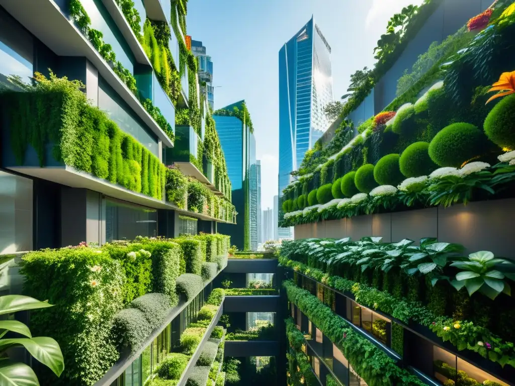 Hermoso paisaje urbano futurista con huertos verticales, creando una armonía entre naturaleza y arquitectura moderna