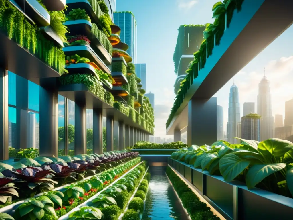 Hermoso paisaje urbano futurista con huertos verticales, sistemas acuaponía y agricultura urbana sostenible en 8k