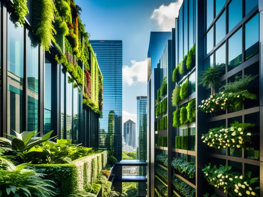 Hermoso paisaje urbano con rascacielos futuristas y jardines verticales exuberantes, ofreciendo beneficios huertos verticales temperatura urbana