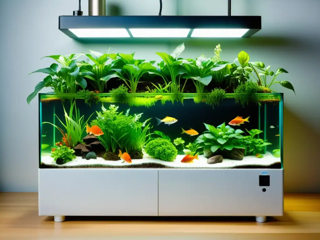 Un hermoso sistema de acuaponía con plantas exuberantes y peces coloridos