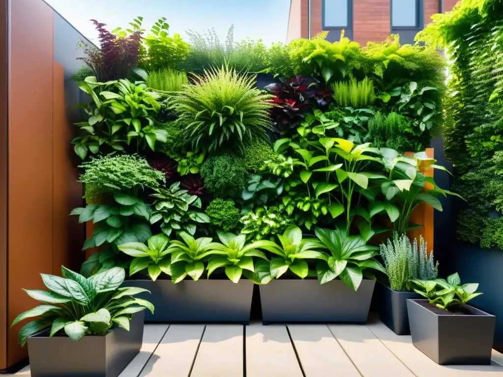 Un hermoso jardín vertical urbano con plantas y compostaje integrado, mostrando técnicas sostenibles