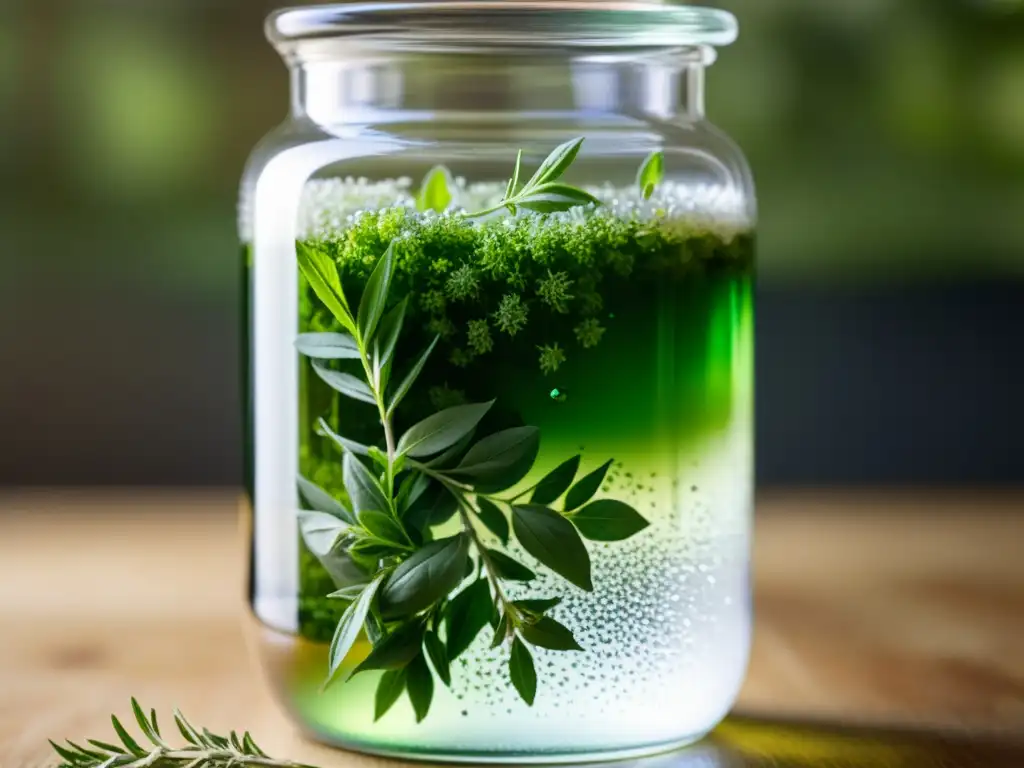 Fermentación de hierbas aromáticas en un frasco de vidrio con burbujas, mostrando el proceso natural en un huerto urbano