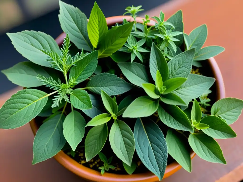 Cultivar hierbas medicinales en espacios reducidos: Detalle vibrante de plantas en macetas, con texturas y colores únicos