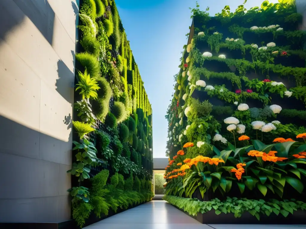 Historia de huertos verticales urbanos: Impactante jardín vertical con exuberante vegetación y flores, integrado en el entorno urbano