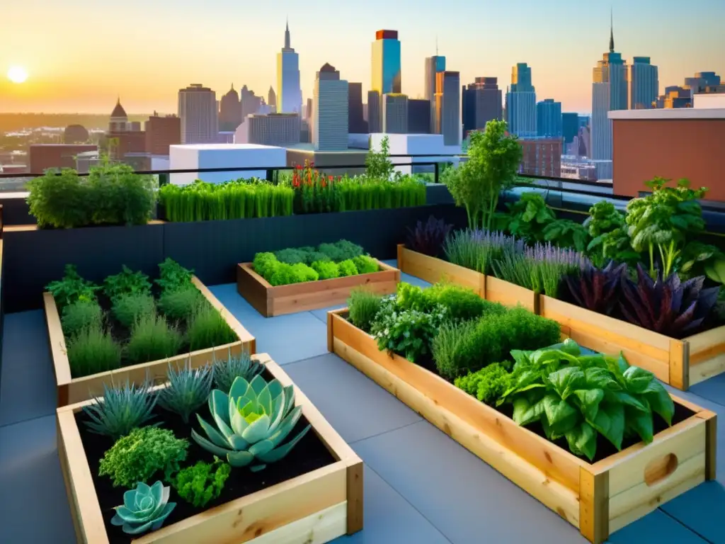 Una historia inspiradora de huertos en azoteas urbanas, con vegetales y hierbas coloridas en una vibrante terraza urbana