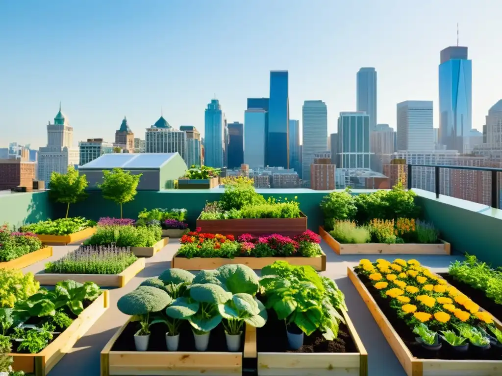 Historias inspiradoras de huertos en azoteas urbanas: Jardineros cuidan un vibrante jardín en la azotea de la ciudad, bañado por la cálida luz del sol