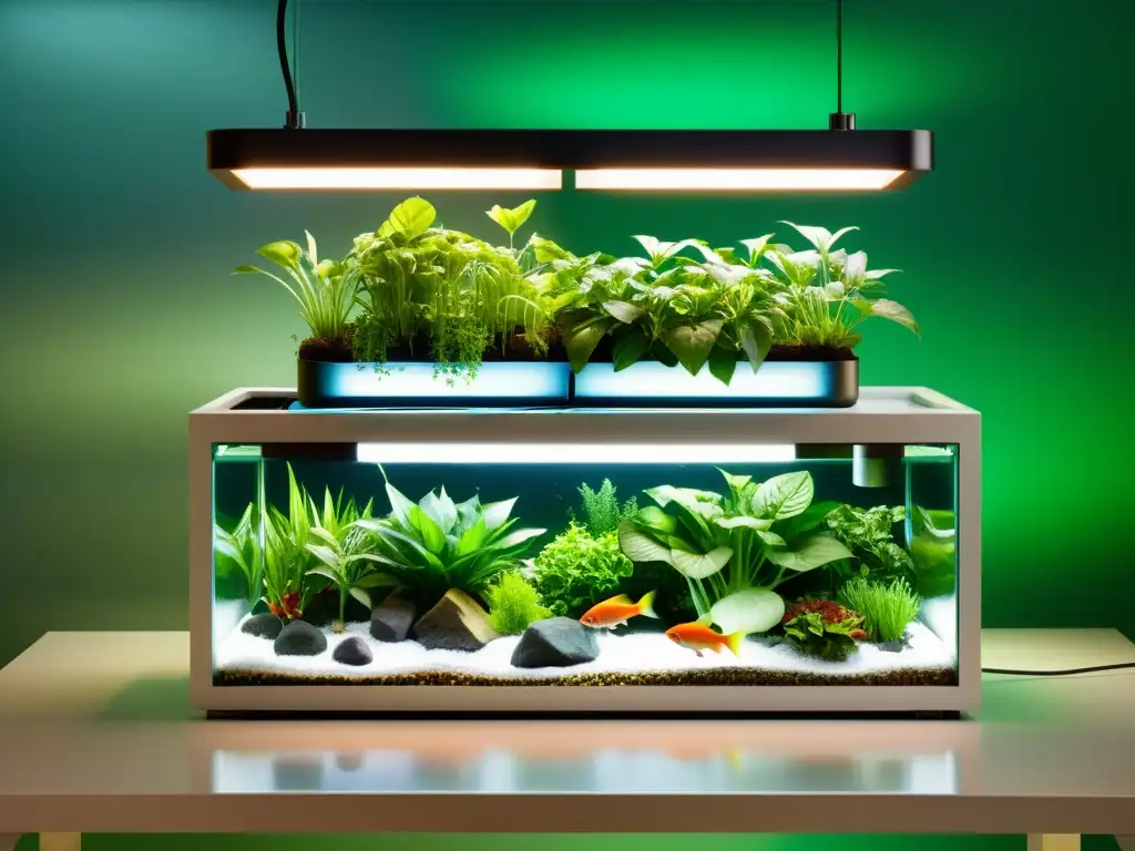 Una acuaponía en el hogar con un diseño moderno y armonioso, rodeada de plantas exuberantes y peces vibrantes