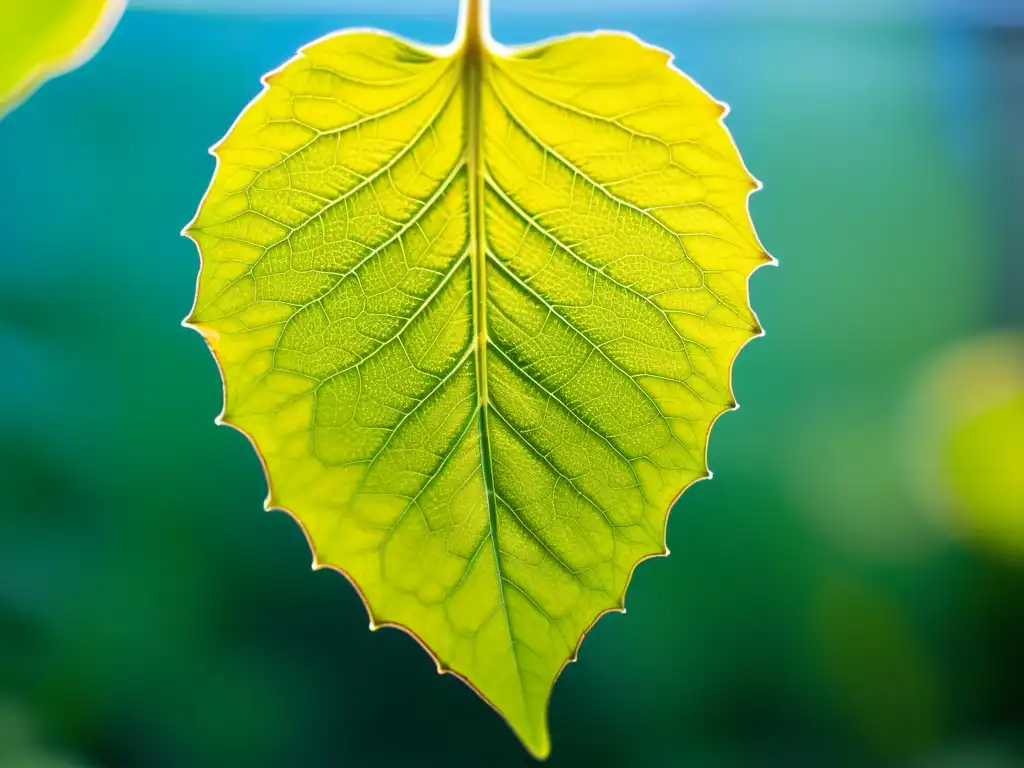 Una hoja de planta en acuaponía urbana muestra signos de falta de nutrientes, con patrones de decoloración y textura