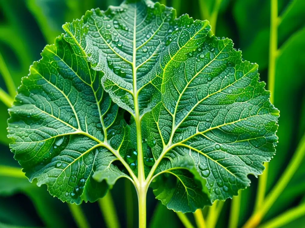 Una hoja de col rizada verde vibrante con gotas de agua al sol, mostrando la red de venas y texturas