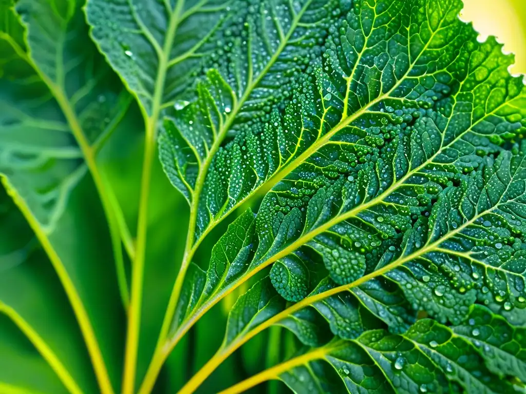 Una hoja de col rizada verde vibrante, cubierta de gotas de rocío bajo la suave luz de la mañana