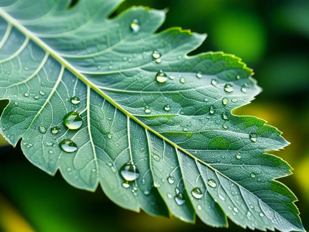 Una hoja verde saludable con patrones y texturas vibrantes, brillante por el rocío