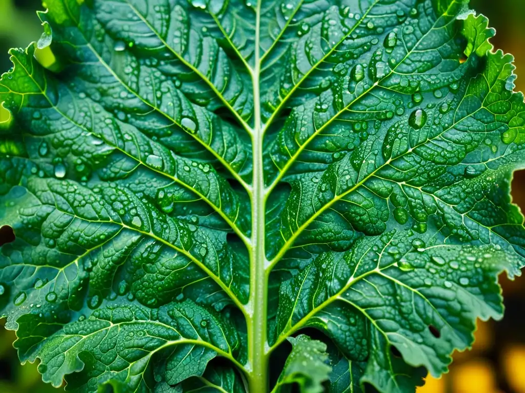 Una hoja de kale verde vibrante con gotas de agua, realzando su textura y color, ideal para disfrutar los beneficios del kale en desayunos