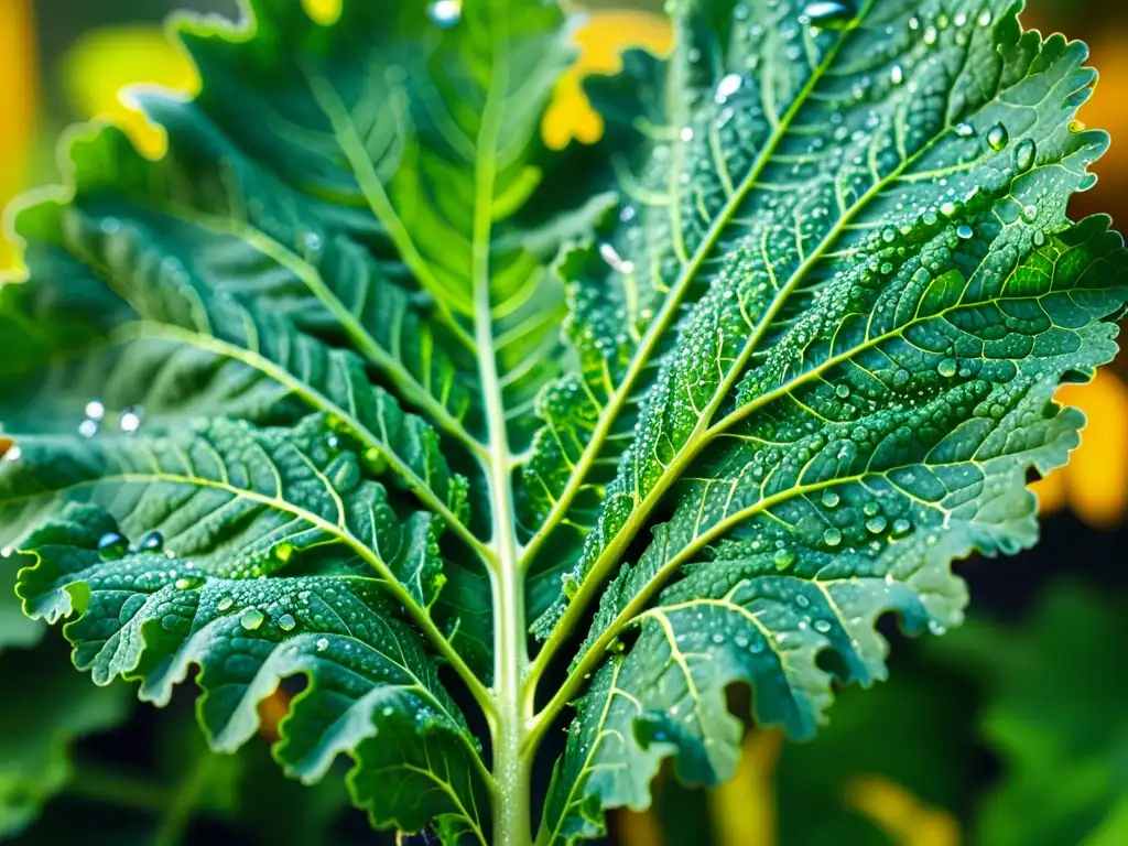 Una hoja de kale verde vibrante con gotas de agua brillantes al sol, perfecta para potenciar los beneficios del kale en desayunos