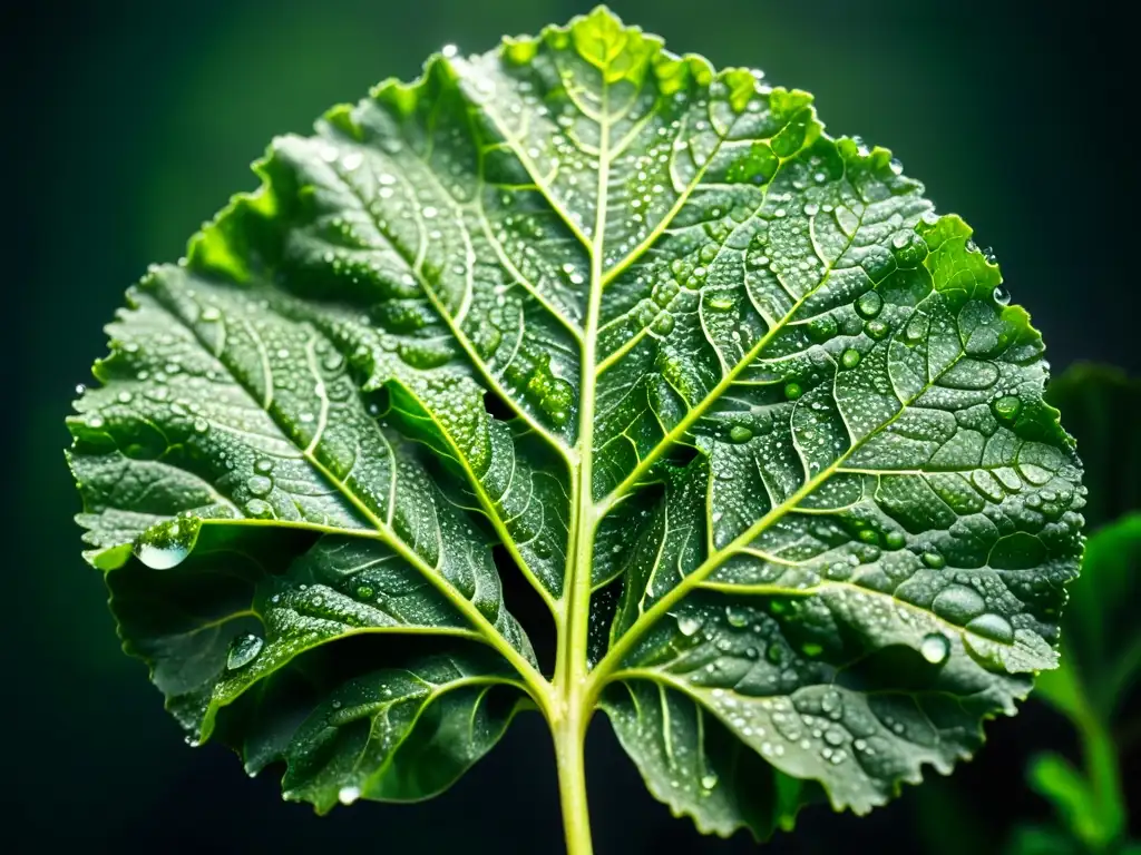 Una hoja de kale verde vibrante con gotas de rocío, detalle de textura y venas, contrastando con el fondo oscuro