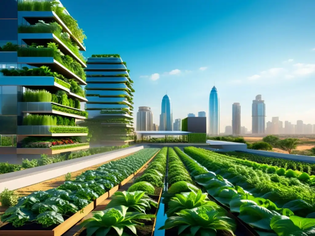 Horizonte urbano moderno con arquitectura integrada de agricultura urbana en zonas desérticas