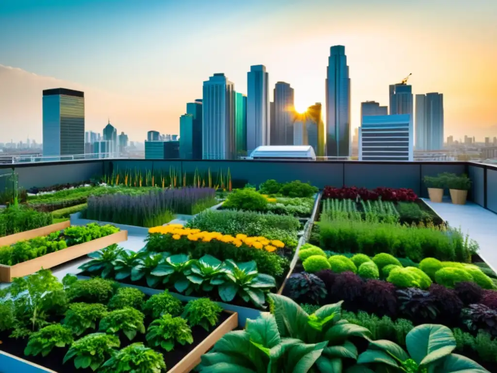 Un horizonte urbano vibrante con jardines en azoteas y huertos urbanos integrados