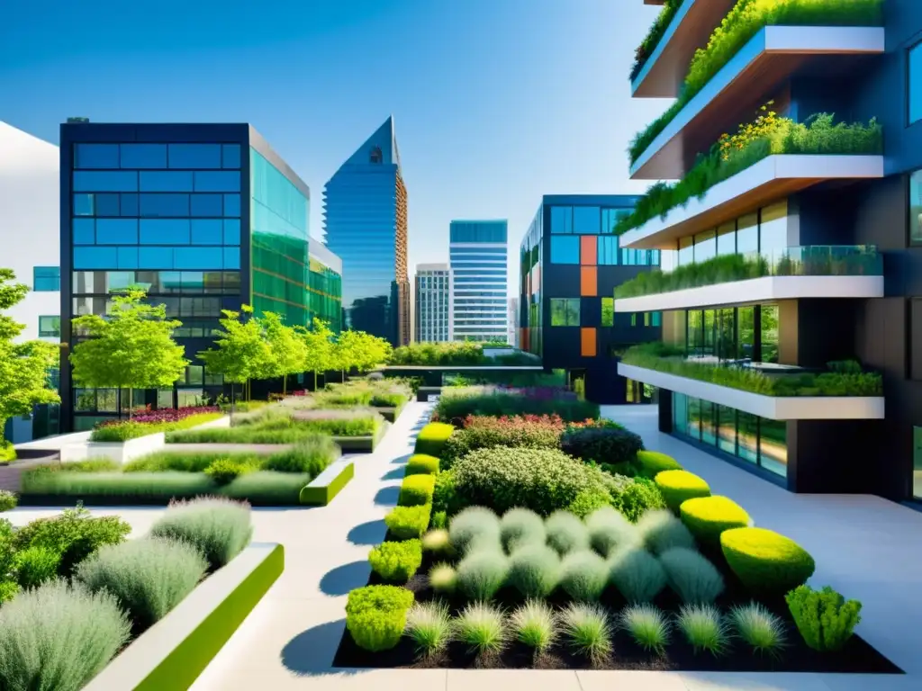 Un horizonte urbano vibrante y moderno con jardines en azoteas, integrando espacios verdes en la ciudad