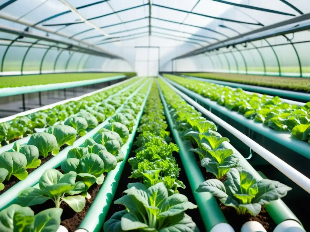 Hortalizas acuapónicas para hipertensión: Imagen de un próspero jardín hidropónico con lechuga, kale y hierbas en invernadero moderno y luminoso