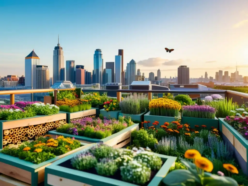 Hoteles de insectos para polinización urbana: un oasis urbano con jardín en la azotea, flores, abejas y mariposas