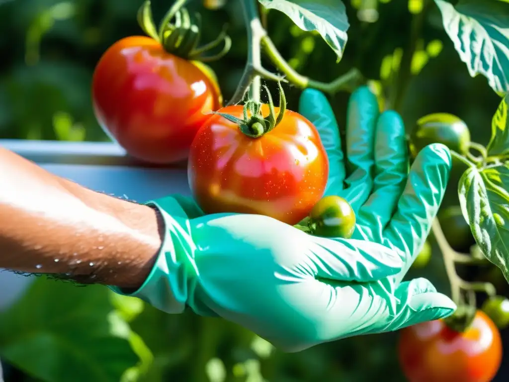 En la huerta acuapónica urbana, se cosechan tomates con cuidado y precisión