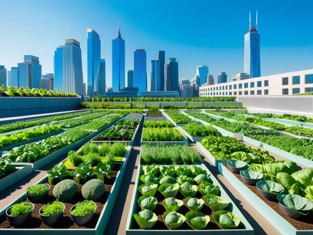 'Una huerta urbana bulliciosa con hileras ordenadas de vegetales verdes vibrantes, rodeada de modernos rascacielos de vidrio bajo un cielo azul claro