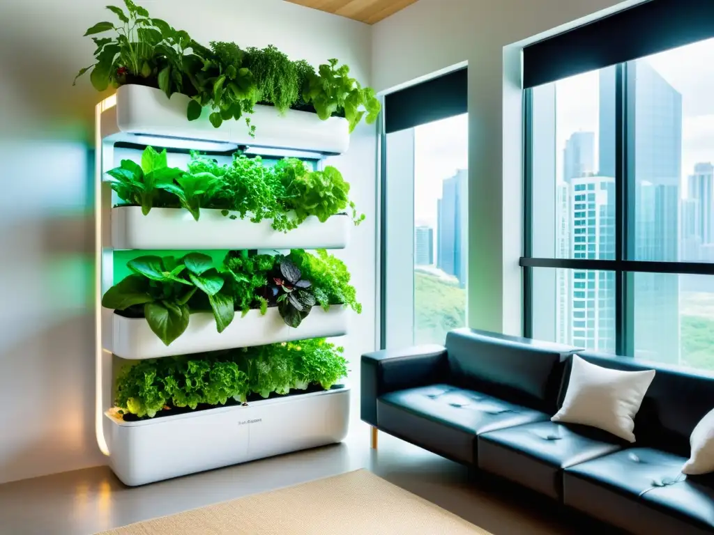 Una huerta vertical futurista con beneficios ambientales de acuaponía, resaltando la armonía ecoamigable y la exuberante vegetación