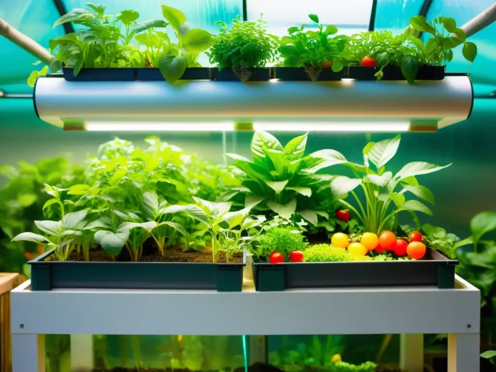 Un huerto acuapónico exuberante y vibrante con verduras y frutas coloridas, reflejando el éxito y la medición rendimiento huerto acuapónico